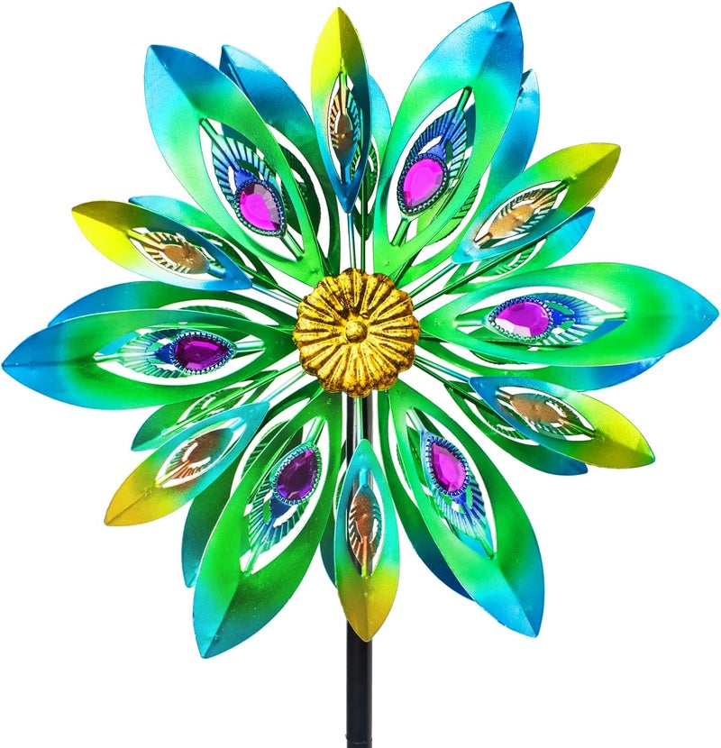 VEWOSTAR 53 Inch Wind Spinner - Outdoor Metal Peacock Wind Sculptures for Garden, Patio, Yard, Lawn Decorations Double Windmill Spinner - Image 1